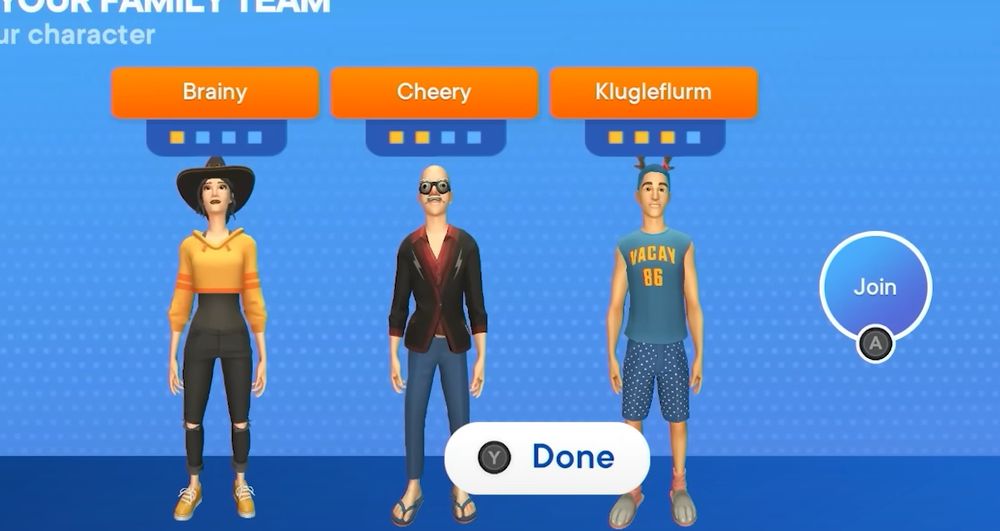 Brainy/Arin: A girl in a witch hat with a yellow cropped hoodie that has orange bands around the shoulders, with a dark grey tank underneath, plus a black skirt with some black ripped pants underneath (I think)
Cheery/Ethan: strange goggles with big spiral eyes and a grey mustache, black suit jacket with red trim and grey lighting bolt designs, red button up underneath and jeans
Klugleflurm/Dan: Christmas reindeer antlers, sleeveless blue shirt with “VACAY 86” in yellow letters on it, and dark blue polkadotted knee length shorts 