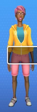 Girl with some very complicated earrings that I can’t describe (sorry), grey glasses, teal/Turquoise shirt, yellow sweater and light pink shorts