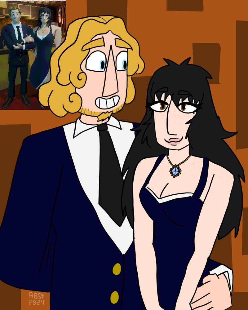 Digital Drawing of (pre crash) Captain Curly and Anya from Steam Award nominee “Mouthwashing”. Both are dressed in fancy midnight blue outfits based on those seen in Joetastic’s 3D models of the two (picture in upper left corner. Curly has his arm around Anya’s waist with his hand resting on her hip. Background is Orange with artistic darker orange rectangles.