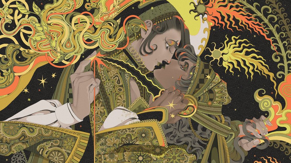 A vibrant scene of mostly bright greens, yellows and oranges swirling around two men wearing very detailed fantasy clothing based off Balkan sephardi wear. Their faces are close, the taller one has colorful wisps of smoke and leaves sprouting from his ear. The shorter one is holding up a dagger to the taller's finger, which is shining and dripping. The taller man's other hand is wrapped in the shorter man's har, smoke, vines and shooting stars are blossoming from his palm. 