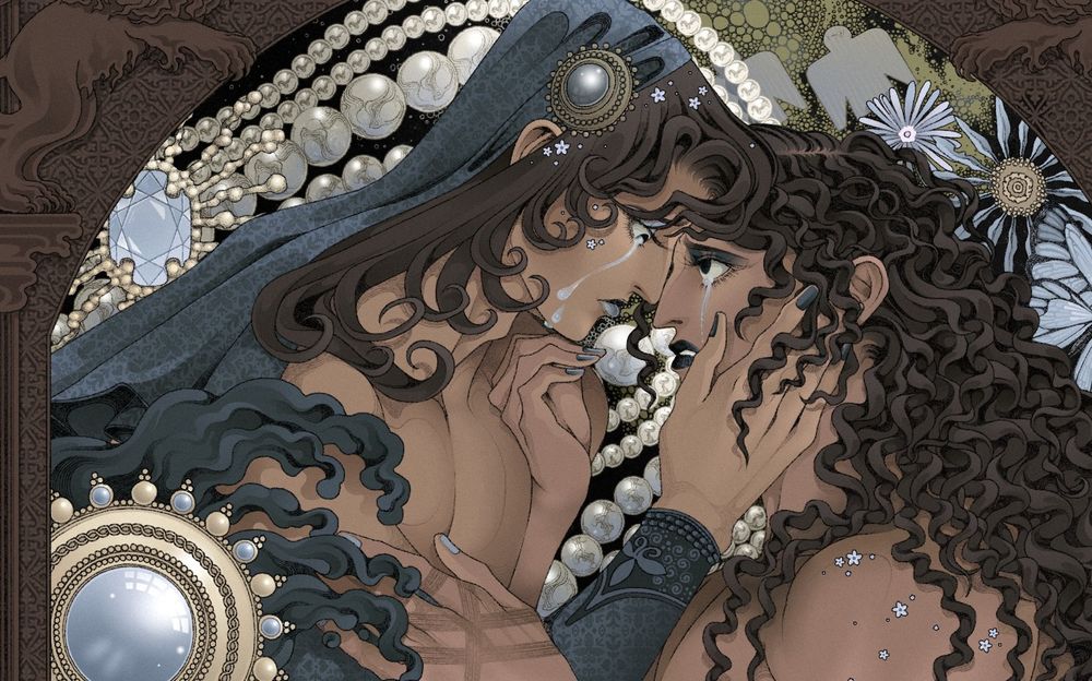 A detailed image in tones of blues, browns and greens. A closeup of two men touching each other gently and crying with their faces against each other's. The taller one touches the shorter one's face, the shorter one is lifting his chin and touching his arm. The shorter one's hand has signs of wrapping tefillin. In the background there's strands of pearls, talismans of protection, gems and flowers. 