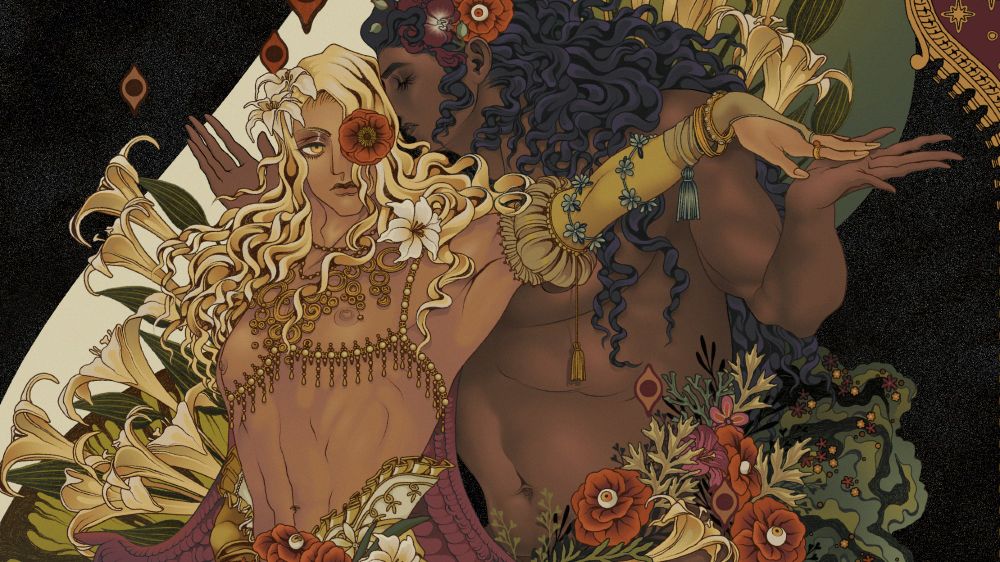 A closup of two men covered in flowers and jewelry tenderly touching pands. The background is decorated with lilies and poppies with human eyes in them. 