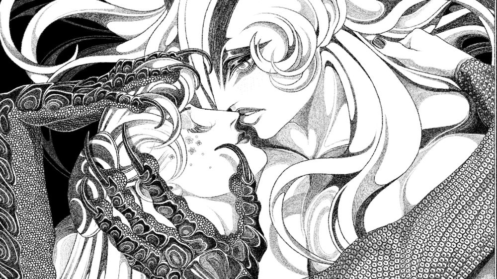 A closeup drawing of two lovers, one is monstrous with black claws and long sharp talons. The monstrous one is part heron. 