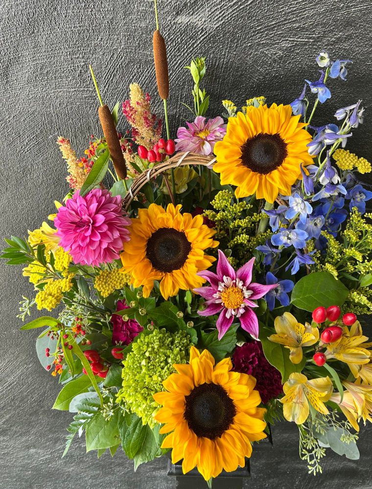 A floral arrangement in a brown wicker basket; including sunflowers various pink dahlias, blue delphinium, purple carnations, yellow yarrow, yellow alstroemeria, green hydrangea, red hypericum berries, milkweed, solidago, amaranths, and cattails. 