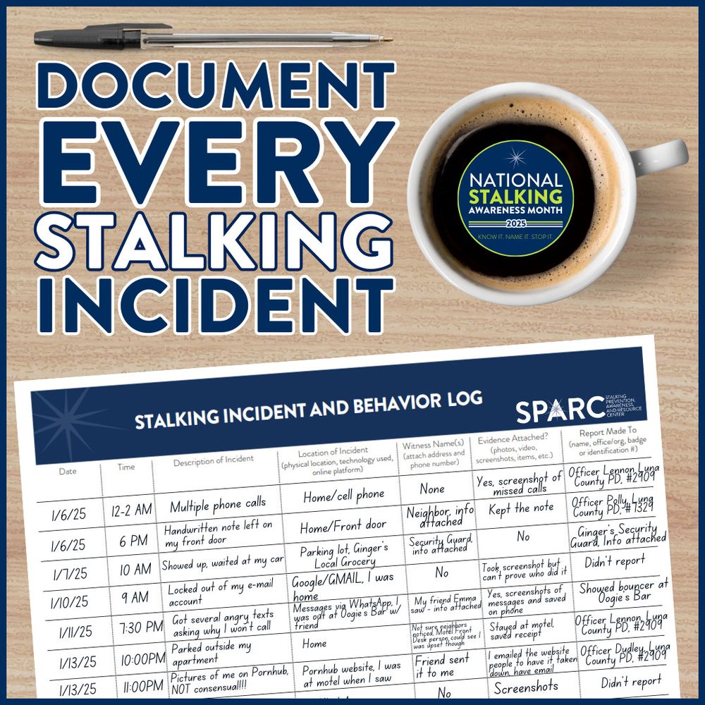 Alt-text: A table with a pen and a coffee cup with the text 'Document Every Stalking Incident' above it. The coffee cup features a logo for National Stalking Awareness Month 2025, with the tagline 'Know it. Name it. Stop it.' Below the text is a detailed 'Stalking Incident and Behavior Log' featuring columns for dates, descriptions of incidents, locations, witnesses, evidence, and reports made to law enforcement or other authorities. The logo of SPARC (Stalking Prevention, Awareness, and Resource Center) is also included on the document.