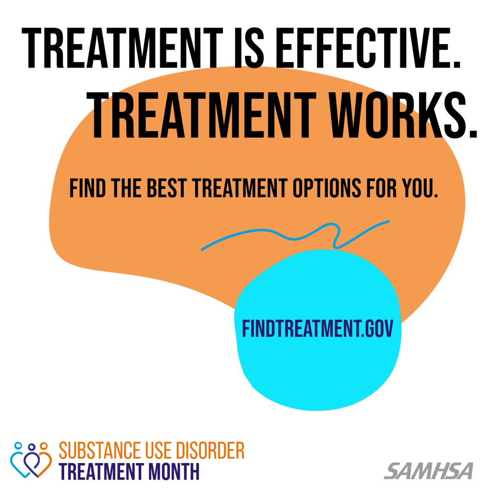 Alt-text: A graphic for Substance Use Disorder Treatment Month featuring an abstract design of a brain in orange and blue. The text reads, "Treatment is effective. Treatment works. Find the best treatment options for you." Below, it displays the website "FindTreatment.gov" in bold text. The Substance Use Disorder Treatment Month logo is at the bottom left, and the SAMHSA logo is in the bottom right corner.