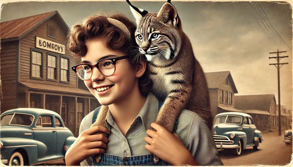 Alt-text: A vintage 1950s rural setting features a middle school-aged tomboy with slightly longer brown curly hair, brown eyes, and Granny-style glasses. She is wearing jeans and a simple shirt. An adolescent bobcat, appearing youthful yet mature, is comfortably perched on her shoulders. The tomboy stands confidently, with a natural connection to the bobcat. The background suggests a small-town or rural environment with warm, nostalgic tones, evoking the 1950s era.