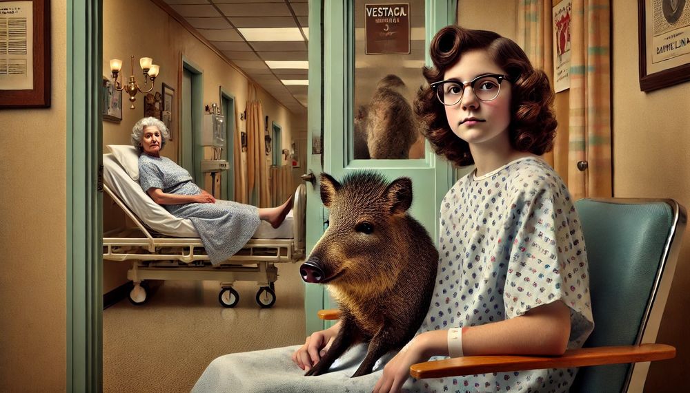 Alt-text: A vintage 1950s hospital room features a middle school-aged tomboy sitting in a hospital bed, wearing a vintage-style hospital gown, Granny-style glasses, and having slightly longer brown curly hair. The door to the room is open, reflecting another hospital room across the hall where an older woman with grey hair is resting. In the hallway, a realistic javelina with a stocky body, short sturdy legs, coarse dark fur, and a slightly elongated snout sits curiously on the floor. The scene has warm nostalgic tones, evoking a classic 1950s hospital atmosphere.