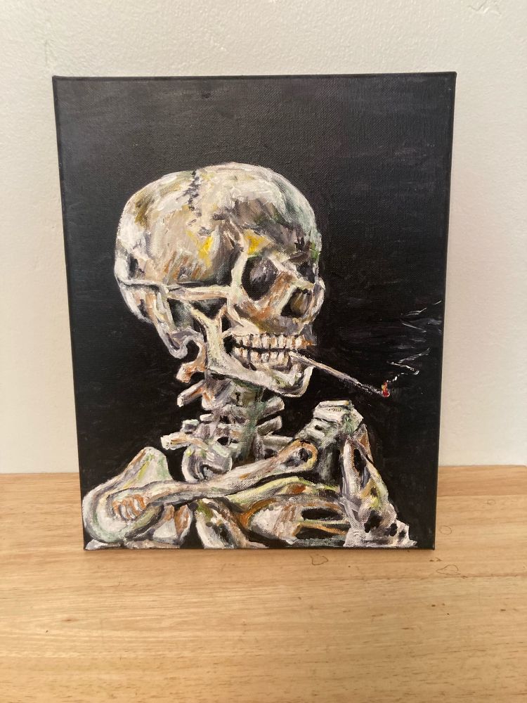 Arcylic painting adapted from Van Gough. Skull of skeleton and top of arms and rib cage from partial side view. Skeleton is smoking a cigarette with smoke wafting from it. Black background.