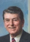 Closeup of the face of the Reagan portrait from the Oval Office photo, which looks not quite like Reagan.