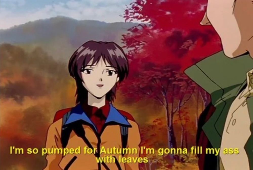 A screenshot from Neon Genesis Evangelion with the incorrect captioning “I’m so pumped for Autumn I’m gonna fill my ass with leaves”