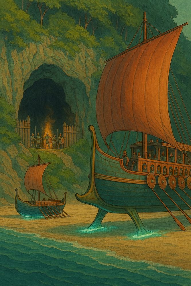 A dramatic fantasy coastal scene featuring two ancient-style ships with red sails and glowing hydrofoil technology. The larger ship, in the foreground, hovers just above a sandy shore, its sleek hull painted in teal with golden trim and a row of round shields lining the side. The smaller ship floats nearby on similarly radiant jets. In the background, a fortified gate built into a massive cliffside cave glows with firelight, guarded by soldiers bearing spears and shields. Tall trees rise atop the cliffs, and the dense greenery frames the scene in a mythic atmosphere. The mix of ancient naval aesthetics and magical propulsion suggests a blend of heroic legend and sci-fi worldbuilding.

Generated with BSky AltText CustomGPT.

