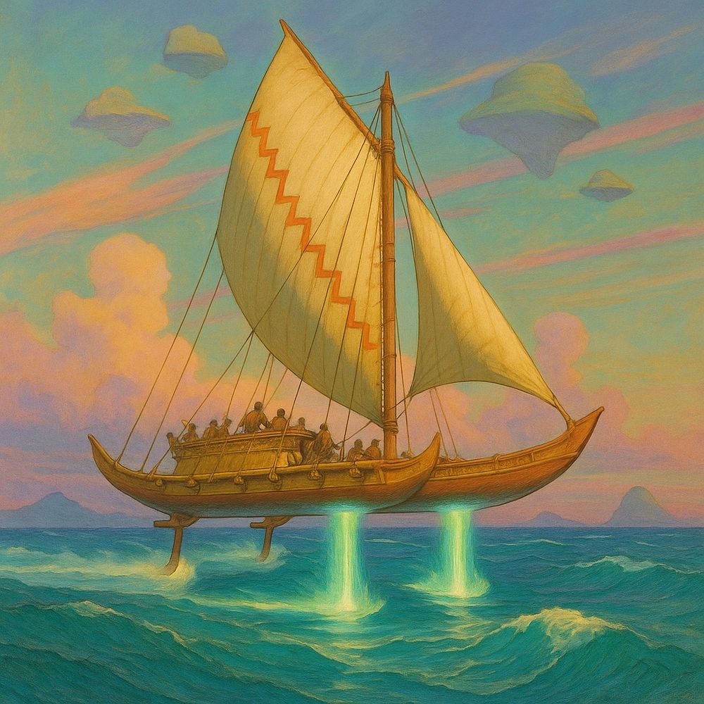 A stylized Polynesian-inspired outrigger canoe with traditional tan sails is depicted hovering above teal ocean waves. The vessel glides on glowing green-blue hydrofoil jets that lift it slightly out of the water, giving it a sci-fi or magical appearance. A zigzag red pattern runs vertically down the main sail. Several figures are aboard, rendered in soft, painterly tones. The sky is dreamy and pastel, with floating island-like clouds and streaks of warm pinks and oranges from a surreal sunset or sunrise. The whole scene has an ethereal, mythic quality—equal parts ancient seafaring and futuristic fantasy.

Generated with BSky AltText CustomGPT.

