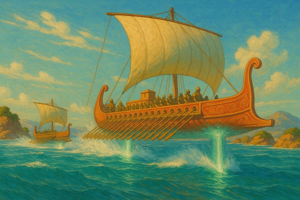A vividly painted fantasy scene of two ancient triremes—classical Mediterranean warships—gliding above a turquoise sea on jets of glowing aqua light. The ships are ornately detailed with red and gold accents, featuring curved, scroll-like prow designs and a high stern. Each vessel is equipped with a large square sail billowing in the breeze and manned by rows of armored oarsmen and soldiers. The oars, though extended, are lifted from the water, reinforcing the sense of flight. The background shows a serene, sunlit coastline with soft green hills and a mountainous horizon under a clear blue sky dotted with fluffy clouds. The overall vibe is heroic, adventurous, and mythologically turbocharged.

Generated with BSky AltText CustomGPT.

