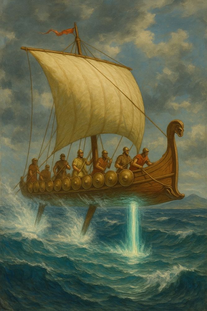 A fantastical depiction of a Mediterranean-style galley soaring above a turbulent sea, propelled by glowing aqua-blue hydrofoil jets beneath the hull. The vessel features a single, large cream-colored square sail billowing in the wind and a carved figurehead resembling a stylized beast or sea serpent at the prow. Along the sides of the ship, round bronze shields are mounted, hinting at a warrior crew. About a dozen helmeted and armored figures stand aboard, gripping oars or watching the sea ahead. The scene is rendered in a dramatic painterly style, with dynamic ocean waves below and a stormy, cloud-filled sky above. The vibe channels mythic seafaring adventure with a dash of sci-fi magic.

Generated with BSky AltText CustomGPT.


