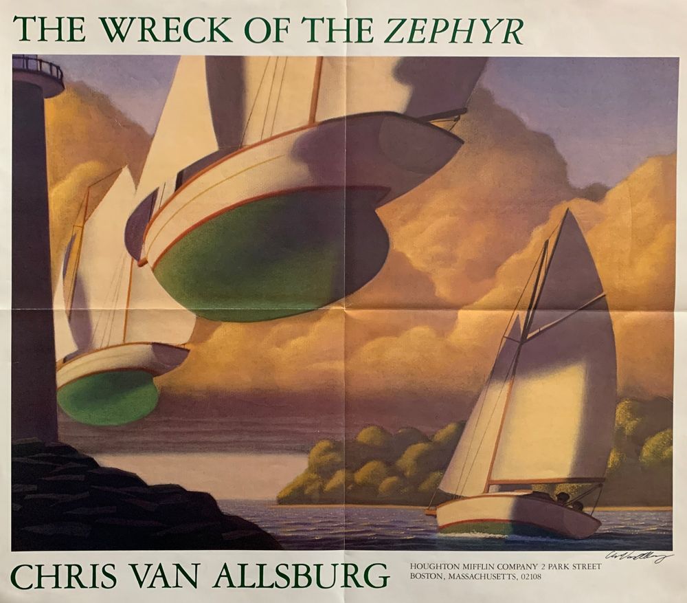 A surreal and atmospheric book cover illustration for The Wreck of the Zephyr by Chris Van Allsburg. The image features sleek white sailboats with green undersides suspended mid-air, seemingly sailing through the sky above a golden-hued sea at sunset. The boats cast soft shadows on thick, dramatic clouds. One boat skims the water’s surface in the lower right corner, while the others soar at an angle, defying gravity. The style is dreamy and painterly, with warm, muted tones. The title is set in a classic serif font at the top, and the author’s name appears at the bottom in large green capital letters.

Generated with BSky AltText CustomGPT.

