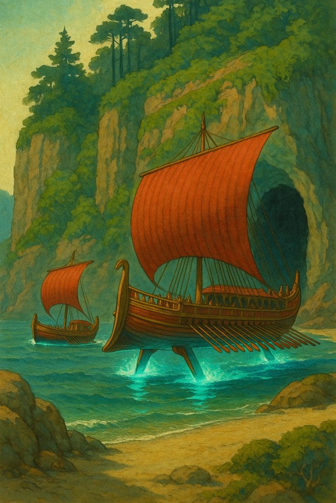 Two majestic, ancient-style warships with striking red sails hover just above teal-blue waters, propelled by glowing aqua mana hydrofoils. The foreground vessel is richly detailed, its hull adorned with ornate carvings and lined with oars lifted from the water. Behind it, a second, smaller ship follows the same mystical trajectory. Both ships are headed toward a large, dark cave mouth carved into a steep cliff face covered in lush greenery. Pine trees line the cliff top, and in the lower left, a sandy beach with scattered rocks and shrubs gently slopes into the water. The whole scene radiates mythic adventure, blending Homeric aesthetics with fantasy propulsion tech.

Generated with BSky AltText CustomGPT.

