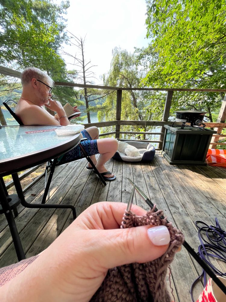 My hand knitting Bongo in the foreground, his and reading and white dog patrolling from her dog bed on a deck in the woods by a lake. 