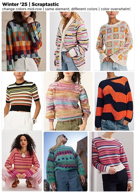 A grid of 9 photos showing sweaters in a variety of multicoloured styles. Featuring rectangles of intarsia color, a thick shawl-collared cardigan in stripes that change color abruptly mid-row, a pullover of multicoloured granny squares in a beige background base, a striped super-cropped pullover, a weird mohair thingy with different areas of color, a wide-striped ribbed pullover with a wide cable in the middle that messes up the stripes intentionally, a pullover in crocheted stripes, intarsia motifs in horizontal stripes on a pullover and another pullover with interrupted stripes. 