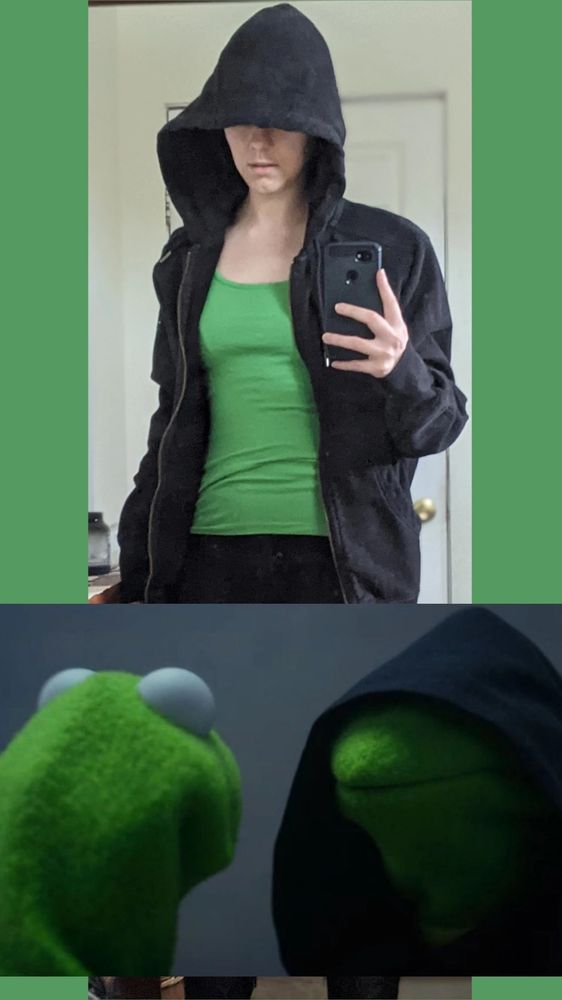 Top: Claire wears a green tank top and a black hoodie with the hood covering her eyes. 
Bottom: Dark Kermit meme.