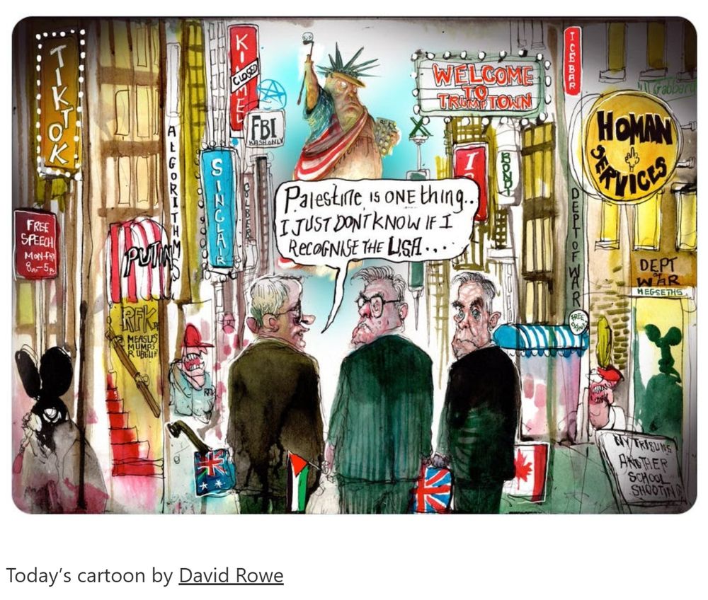 Politicians that recognize the State of Palestine looking at New York street scene showing aspects of Trumps rule. Comment is that they don't recognize the USA