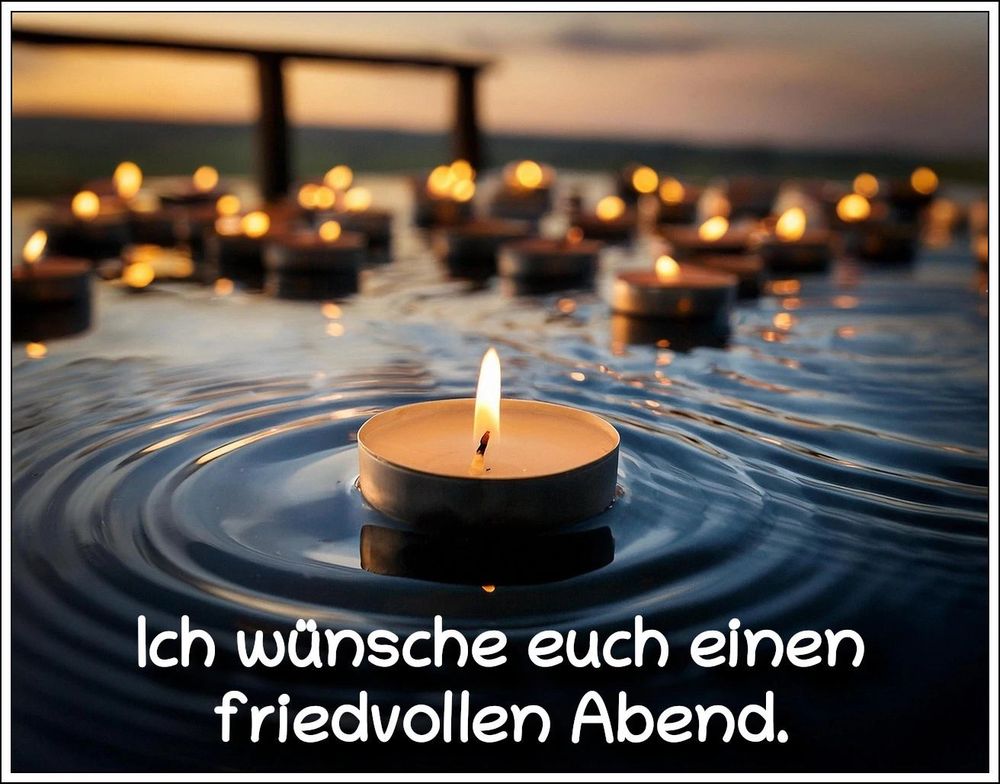 Bildbeschreibung: 
Schwimmende und brennende Teelichte vor einem Sonnenuntergang an einem See.