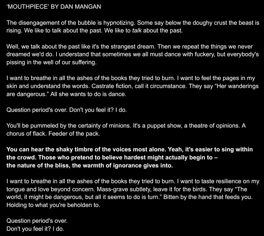 Lyrics to Dan Mangan's song, Mouthpiece. 
