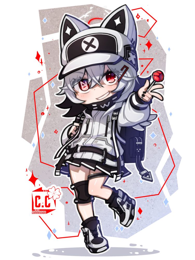A chibi drawing of a girl in a black and white tech styled gear.