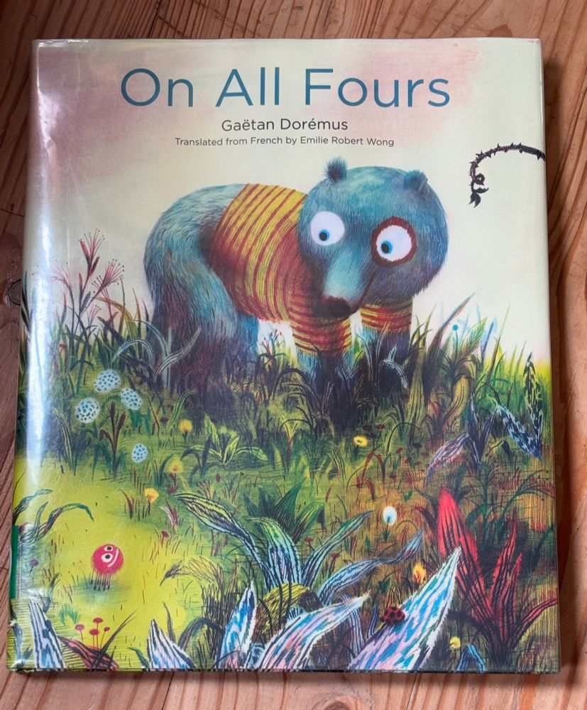 A big-eyed blue bear on the cover of “All Fours” by Gaetan Doremus 