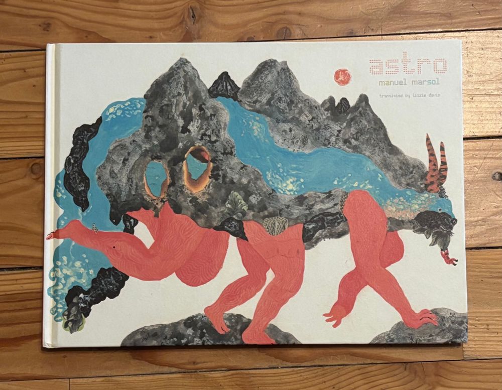 Book cover of “Astro” by Manuel  Marsol  shows a six legged rock & water  creature walking across stones. 