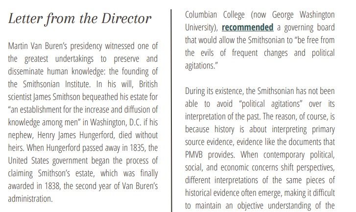 Excerpt from newsletter discussing Martin Van Buren and the establishment of the Smithsonian.