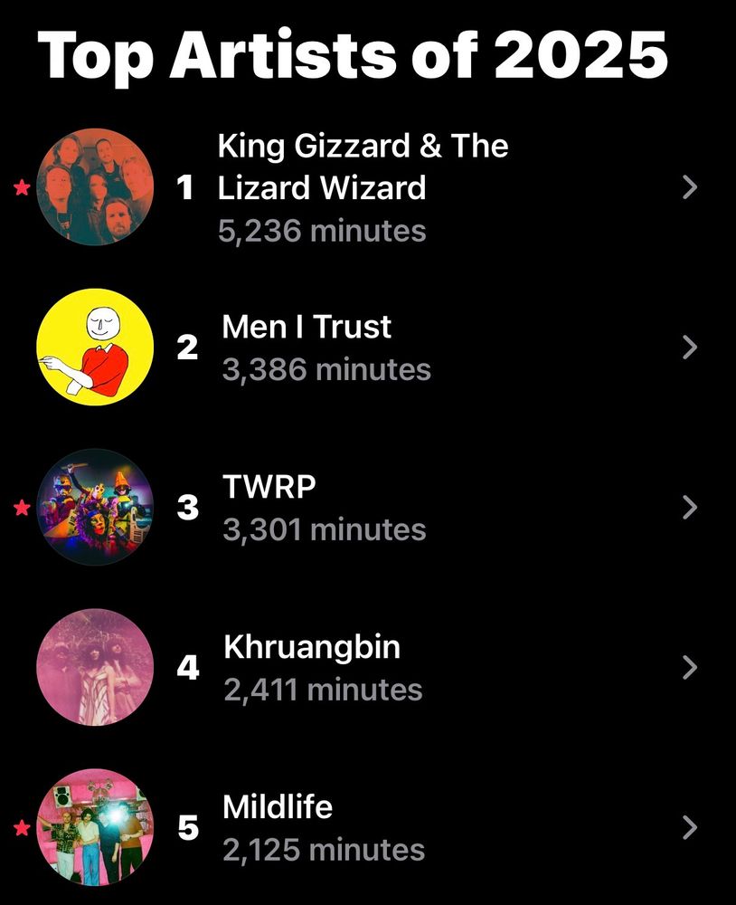 apple music replay: top 5 artists

1: king gizzard and the lizard wizard - 5,236 minutes

2: men i trust