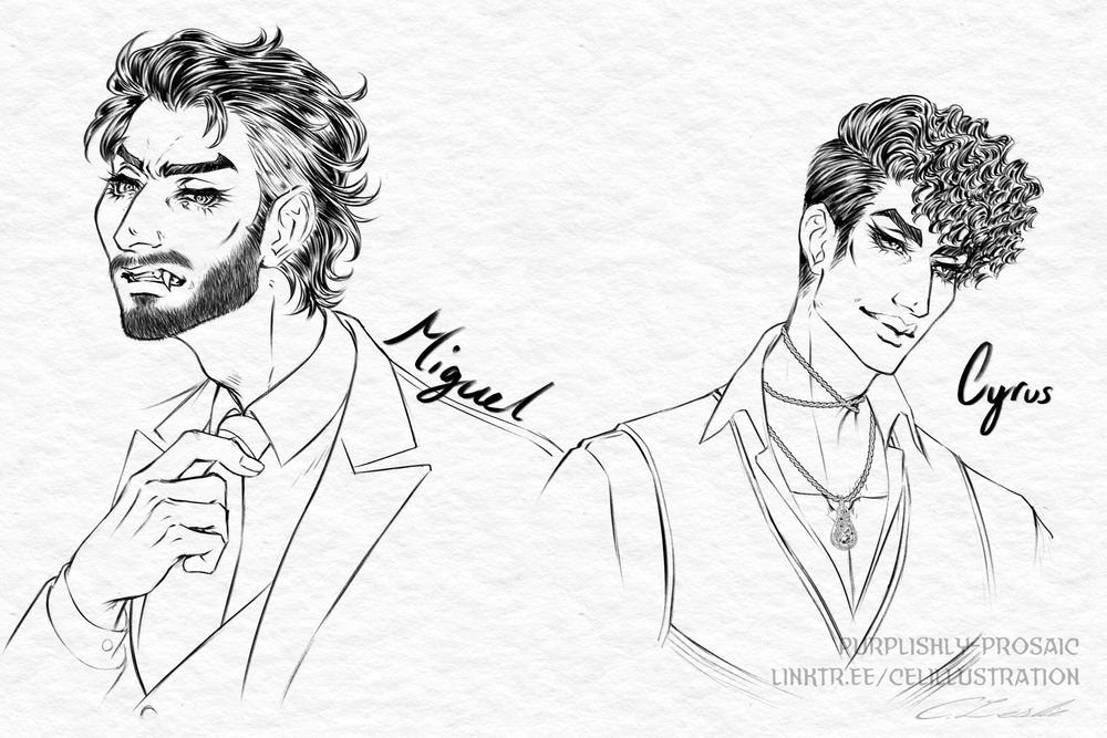 Lineart busts of a two men. On the left is a bearded man in a suit with mid-length wavy salt and pepper hair bearing his fangs as he angrily straightens his tie. Right is a smiling man in a corset vest with a wire-wrapped gemstone pendant. He has short, very curly dark hair.