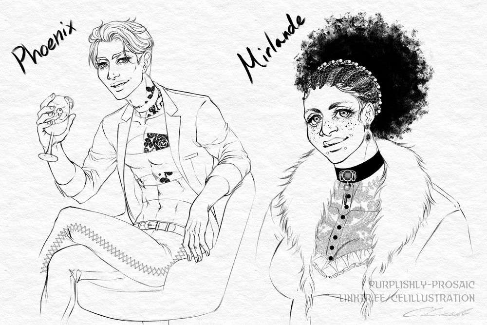 Black and white sketch page. Left: half-body of a young Asian man sitting in a bar chair and smiling, cocktail in hand. He has loosely styled medium-length hair and wears a casual blazer over a slit crop top and lace-up pants. There is a choker band around his neck and a rose and vine tattoo peaking through his shirt. Right: bust of a Black woman with freckled cheeks and snake bite piercings. Her hair is half cornrowed in a swirl pattern and loose in a puff fixed with a hairband in the back. She is wearing a jacket with fur trim over a lace-topped Victorian Gothic button-up dress.

