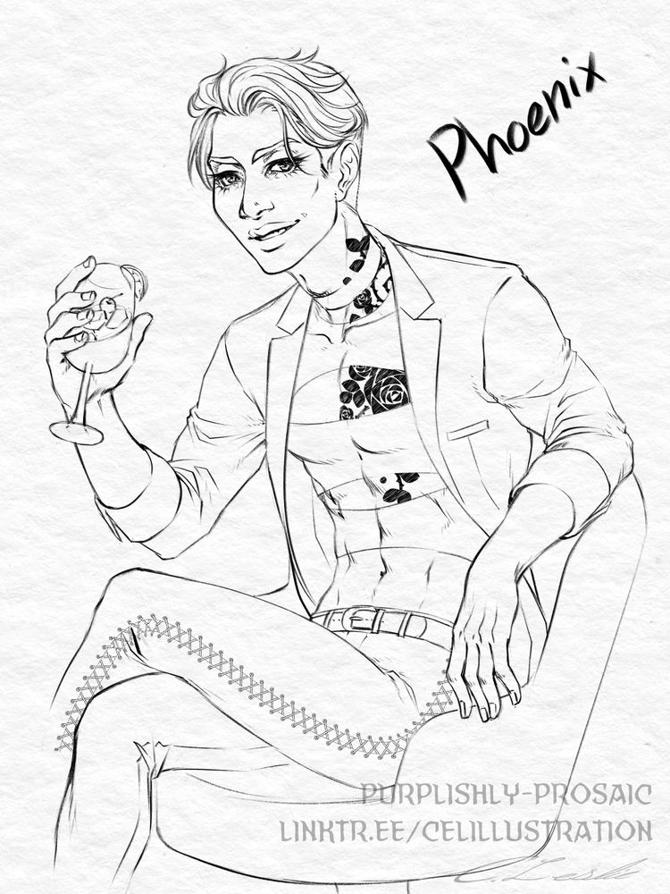 Black and white half-body drawing of a young Asian man sitting in a bar chair and smiling, cocktail in hand. He has loosely styled medium-length hair and wears a casual blazer over a slit crop top and lace-up pants. There is a choker band around his neck and a rose and vine tattoo peaking through his shirt.