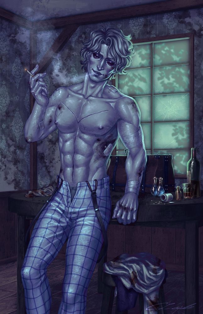 Digital illustration of Daan from Fear & Hunger 2: Termina. He smokes a cigarette, shirtless, bruised, and patched with gauze and bandages, as he leans back against a round wooden table in a filthy, dilapidated room. He bears a poorly-healed distinctive Y-shaped autopsy-style scar on his torso and is missing his eye patch, empty socket showing. The table behind him is strewn with medical supplies, medications, and liquor. His bloody shirt and vest are crumpled on a stool beside him. A sickly green glow seeps through a grimy window at the back of the room, backlighting the scene.
