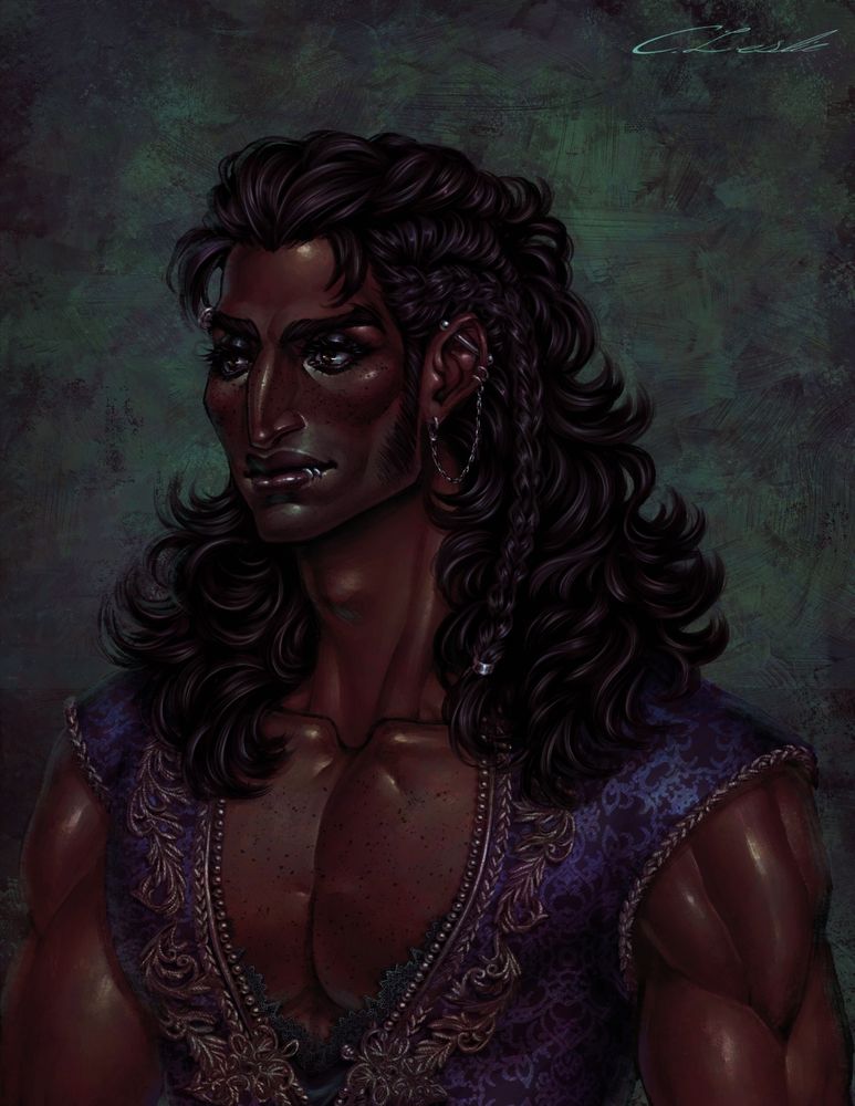 Digital painting bust of a young man of Middle Eastern descent with brown skin and brown hazel eyes. He has wavy, layered shoulder length black hair in an elaborate partially braided style and long sideburns. He is wearing a purple brocade vest with intricate gold trim and a black silk shirt with lace trim beneath. He has several silver lip, eyebrow, and ear piercings and wears grungy black eye makeup. He has a strong aquiline nose and freckles across his cheeks and chest.