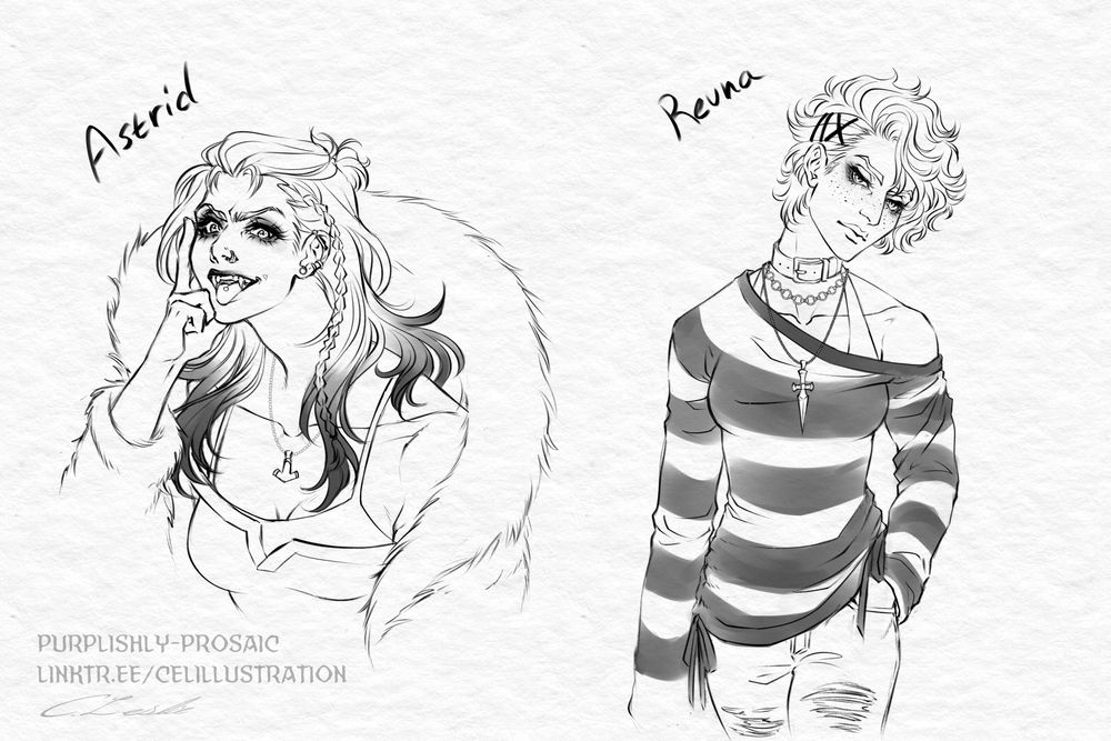Black and white sketch page. On the left: a bust of a young woman in a ratty fur coat with piercings, grungy eye makeup, and long, partially braided hair with dyed end. She is laying her hand alongside her face, middle finger braced on her cheek, and smiling with her tongue stuck out. On the right: a half-body of a young woman with sort, wavy hair and freckled cheeks wearing an slouchy ruched striped shirt and distressed jeans along with a collar and layered necklaces.
