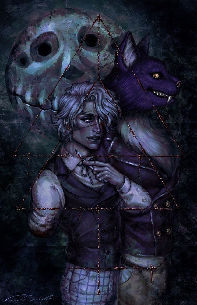 Digital painting fan art for Fear & Hunger 2: Termina featuring Daniël standing in near profile, head turned toward the viewer and holding a bloody scalpel in his left hand defensively near his throat. He looks aghast, his left eye socket bleeding from beneath the patch. His right arm is amputated below the shoulder and bandaged off. Pocketcat stands just behind him, grinning and half hidden.  Rher peers out from the upper corner of the dark, textured background. Daan is partially framed by the sigil of the Sulfur God, drawn hastily in blood. Top text: "A survival horror game by HappyPaintings".  Bottom text: "Fear & Hunger II: Termina"
