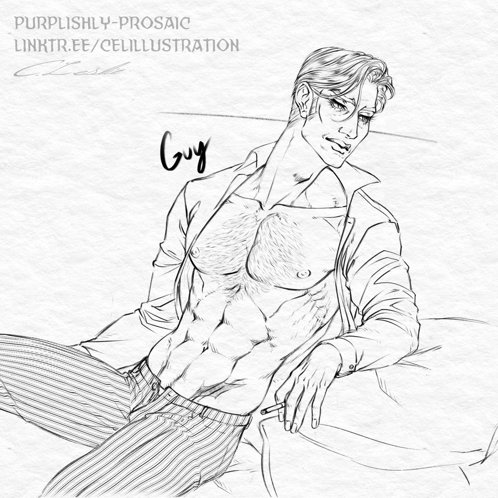 Black and white sketch page. Left: half-body drawing of a muscular older white man with short, styled hair lounging on a sofa in an open shirt and pinstripe slacks. He is looking into off to the side, cigarette in hand. The character is labeled "Guy".