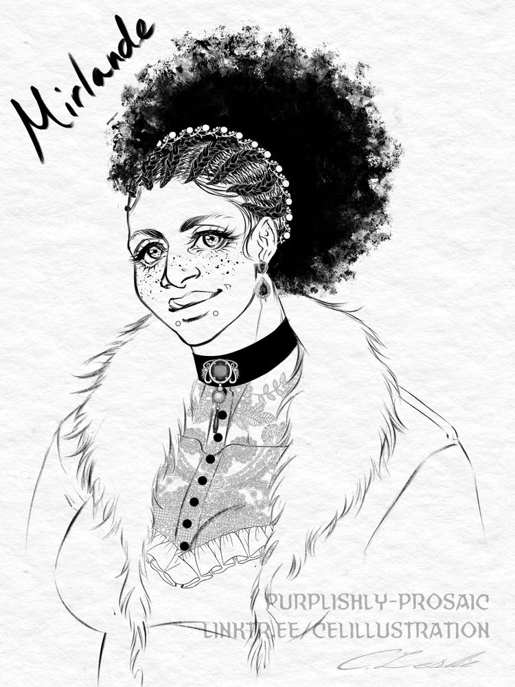 Black and white bust drawing of a Black woman with freckled cheeks and snake bite piercings. Her hair is half cornrowed in a swirl pattern and loose in a puff fixed with a hairband in the back. She is wearing a jacket with fur trim over a lace-topped Victorian Gothic button-up dress.