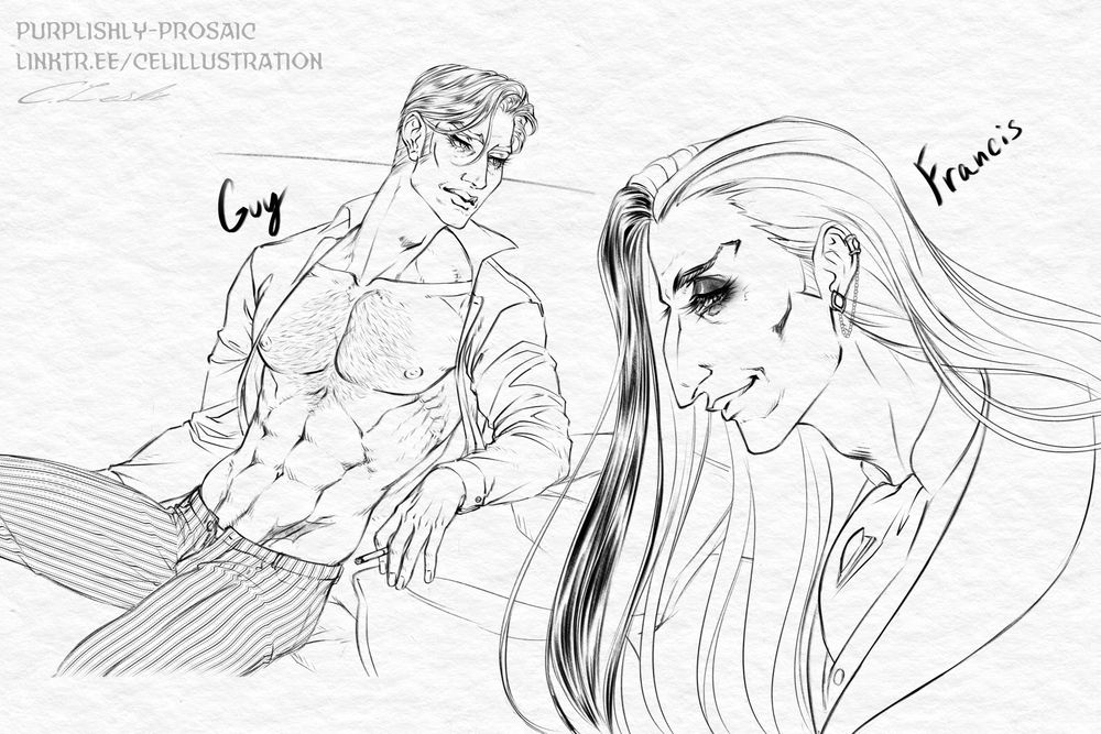 Black and white sketch page. Left: half-body drawing of a muscular older white man with short, styled hair lounging on a sofa in an open shirt and pinstripe slacks. He is looking into off to the side, cigarette in hand. Right: profile bust of a smiling gaunt older white man wearing a shawl lapel jacket with an ascot. He also has a jeweled ear cuff and matching ascot brooch. There is shadow on the lid of his dark-circled eye and a black streak in the front of his long, straight white hair. The characters are labeled "Guy" and "Francis", respectively.
