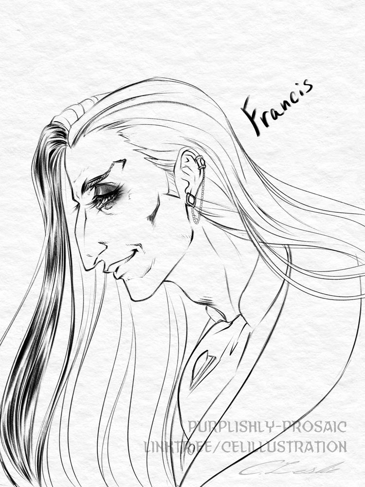 Black and white profile bust drawing of a smiling gaunt older white man wearing a shawl lapel jacket with an ascot. He also has a jeweled ear cuff and matching ascot brooch. There is shadow on the lid of his dark-circled eye and a black streak in the front of his long, straight white hair. The character is labeles "Francis" 
