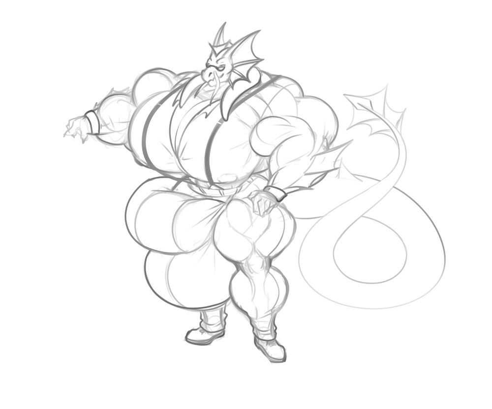 Simon with hyper muscle and hyper dick in an open button down shirt, suspenders, and slacks. His hyper dick and balls are pushing out the pants and is wrapping around his hip.