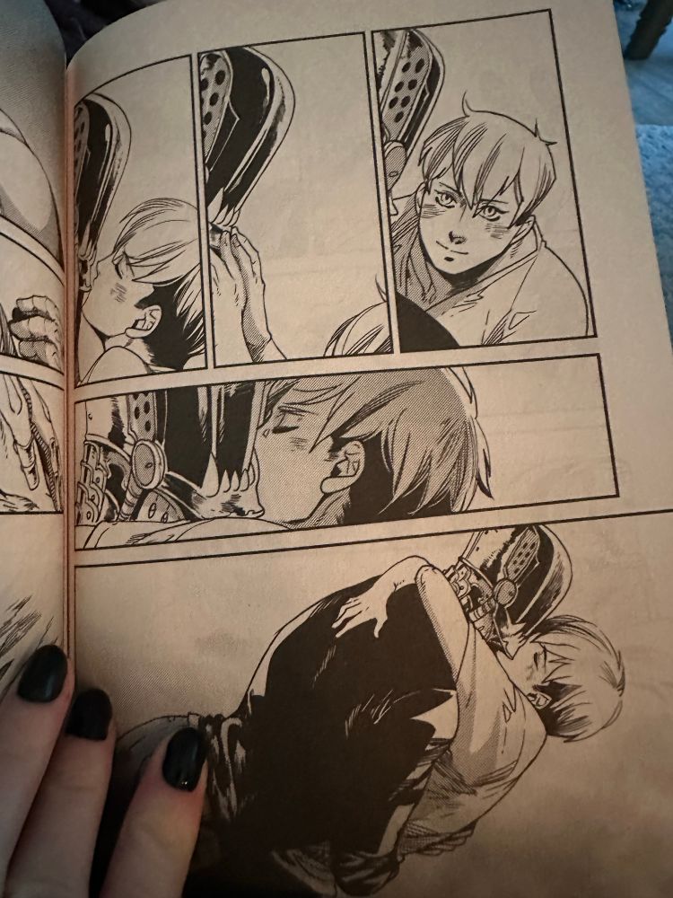Manga panels of cyborg man and human man kissing