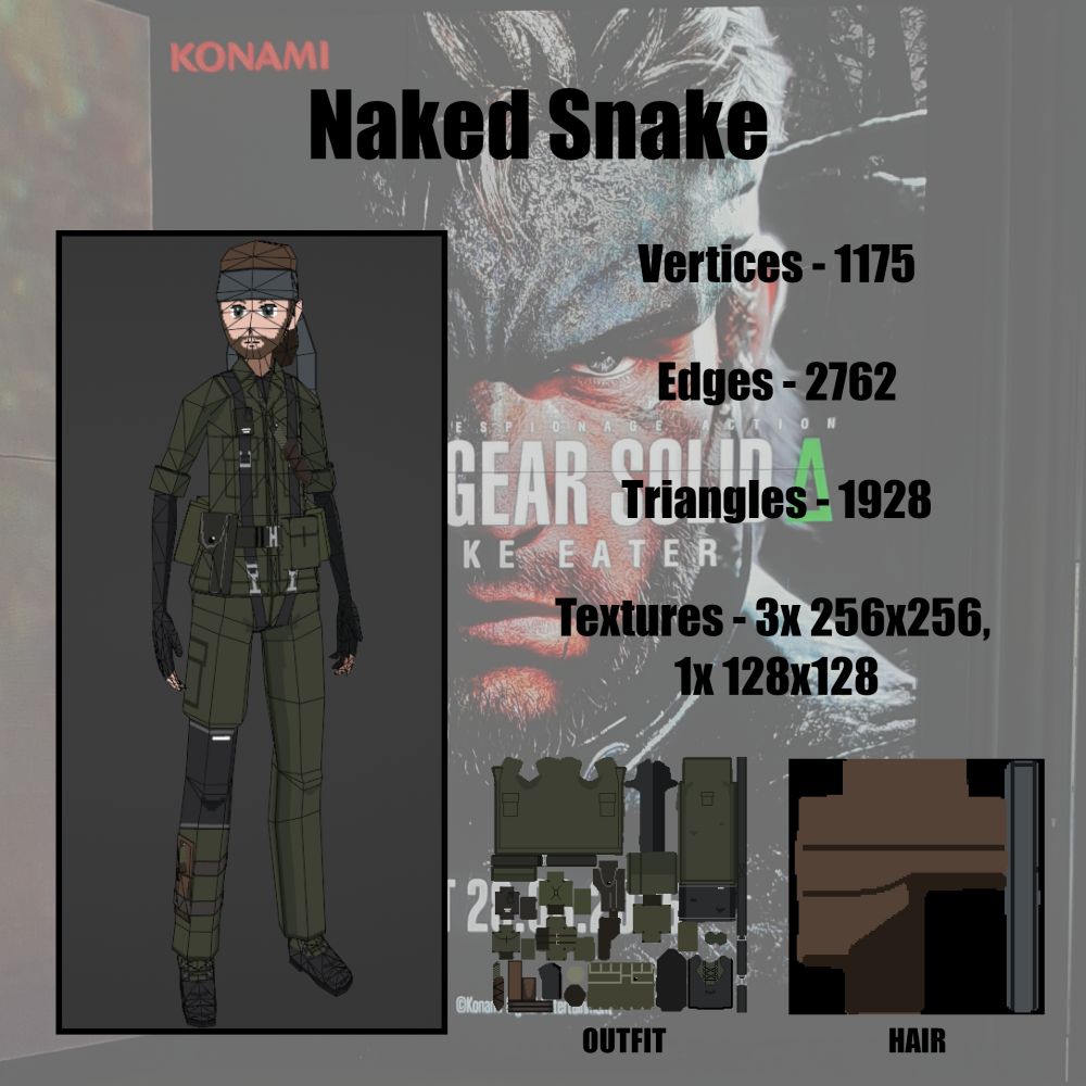 Naked Snake statistics

Vertices- 1175, Edges - 2762, Triangles - 1928, Textures - 3x 256x256 + 1x 128x128