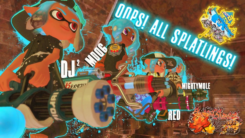Promotional image featuring the team Oops! All Splatlings!

4 inkfish stand atop spawners, each wielding a splatling. In the front is DJ, carrying a zink mini splatling, followed by Mdog with a heavy edit splatling nouveau, then Red on heavy splatling deco, and finally MightyMole with Nautilus 79. The top right is their team logo which is a modified version of the packaging for Cap'n Crunch Oops! All Berries! cereal, here appearing to say the team name 'Oops! All Splatlings!' in some inkling font, with splatling tableturf artwork replacing the cereal itself.
