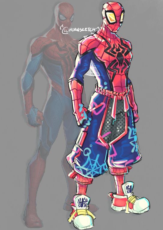 an illustration of the in game marvel rivals render of spiderman standing next to a redesigned depiction wearing more athleisure centered clothes, such as large sweatpants and sneakers, intermittently patterned with pink and cyan spray-paint.