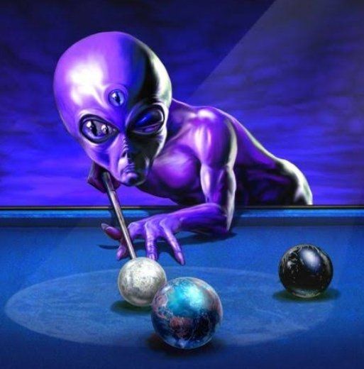 Weird image of purple alien with big head and three eyes playing pool but instead of balls the alien is playing with planets. The alien has a small mouth, with a small chin and small nostrils and it looks like its lips are pursed and it's eyes are narrowed in concentracion. The background of the image is a blue/purple sky and a light in the shape of the moon (kinda like the bat-signal) illuminates the balls on the blue pool table. The image looks funky in a pre-AI way (it's not AI).