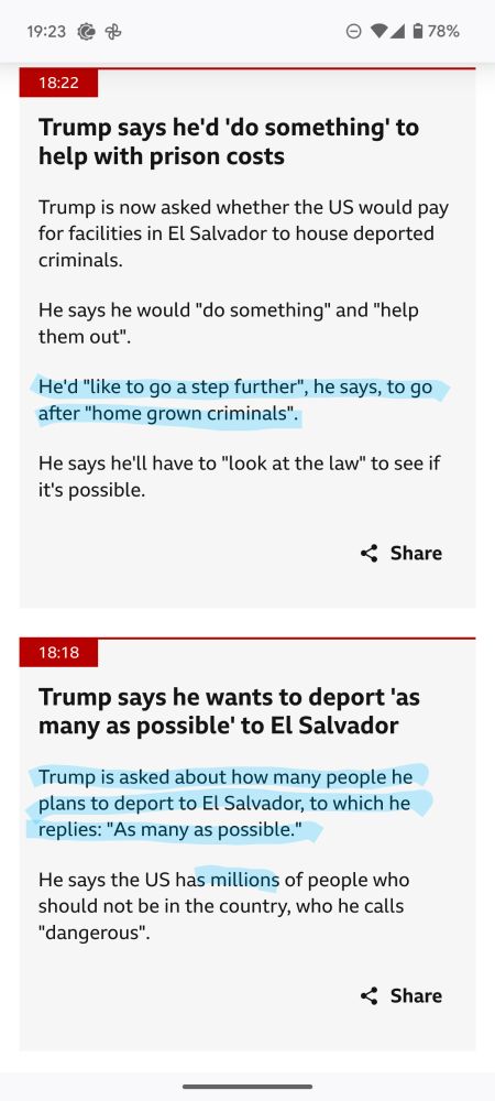 Screenshot of BBC News feed reporting on the meeting between Trump and the president of El Salvador. Trump is quoted as saying he plans to deport "as many people as possible" a number in the millions. Shortly thereafter he says he'd like to "go after home grown criminals".